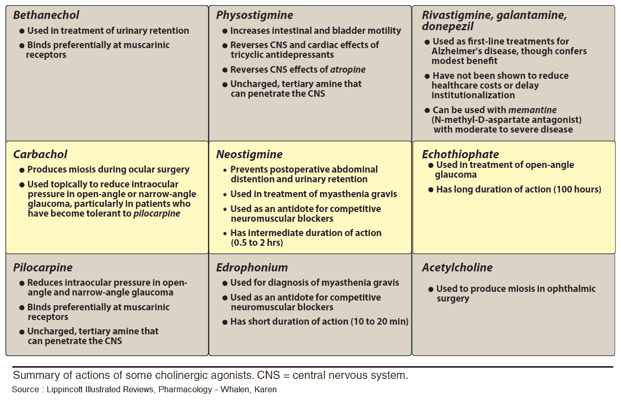 Summary of actions and uses of some cholinergic agonists (Parasympathomimetics)