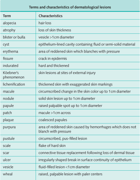 Terms and characteristics of dermatologic/skin lesions and rashes